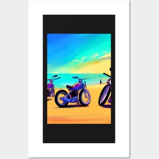 COOL PURPLE MOTORCYCLES ON THE BEACH RETRO STYLE Posters and Art